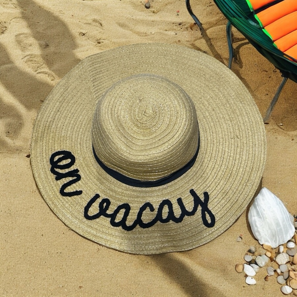 Stylish Tan Sun Hat with Black Embroidery On Vacay Straw Floppy Hat